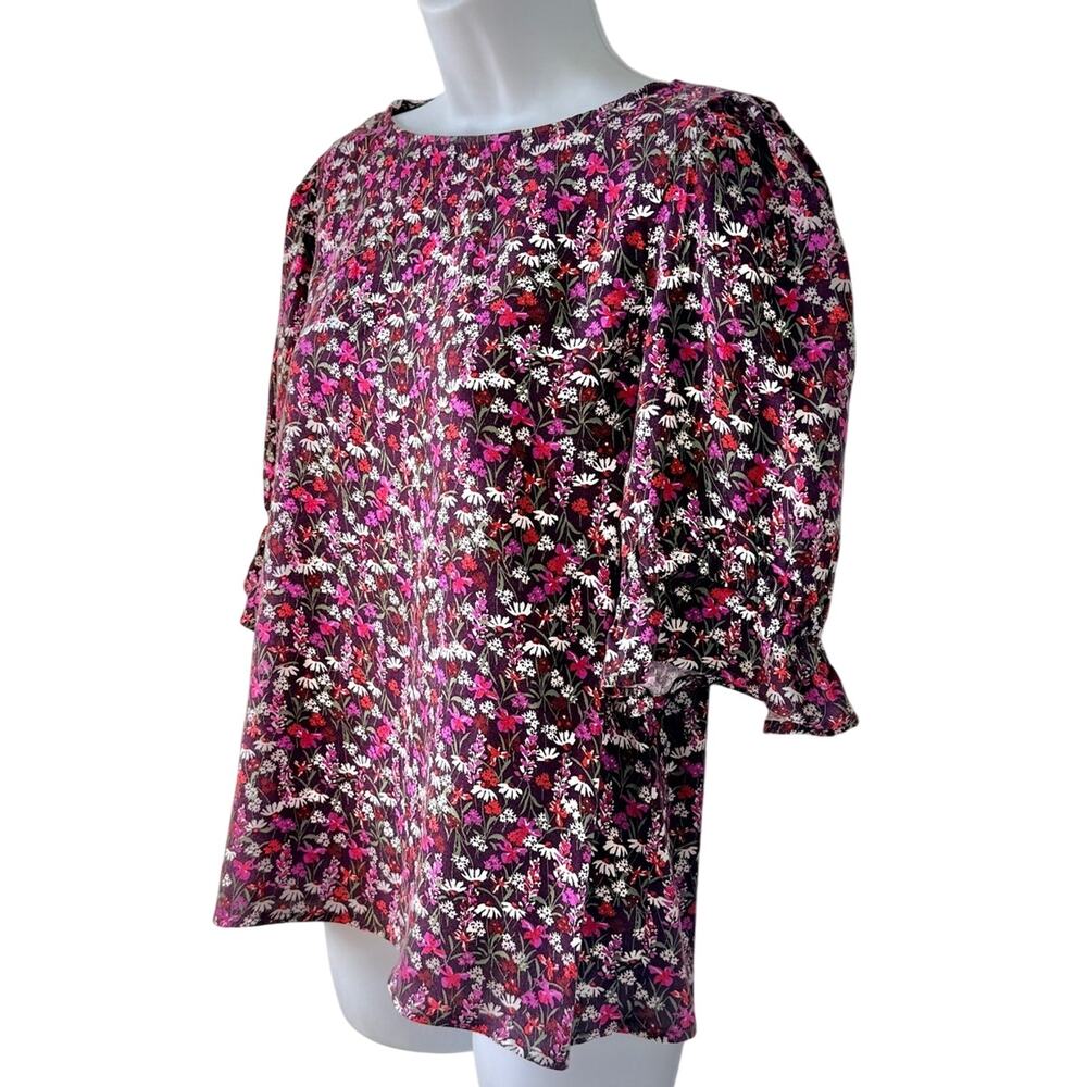 Draper James Maroon Pink White Daisy Floral Puff Sleeve Blouse Ruffle Cuff Sz S - Picture 6 of 8